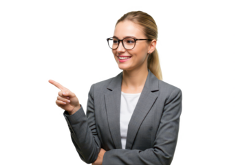 A professional woman with blonde hair glasses and a gray blazer pointing to the side with her index finger while smiling warmly isolated on transparent background