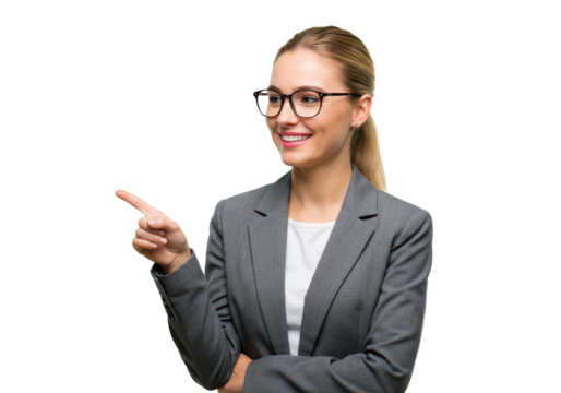 A professional woman with blonde hair glasses and a gray blazer pointing to the side with her index finger while smiling warmly isolated on transparent background
