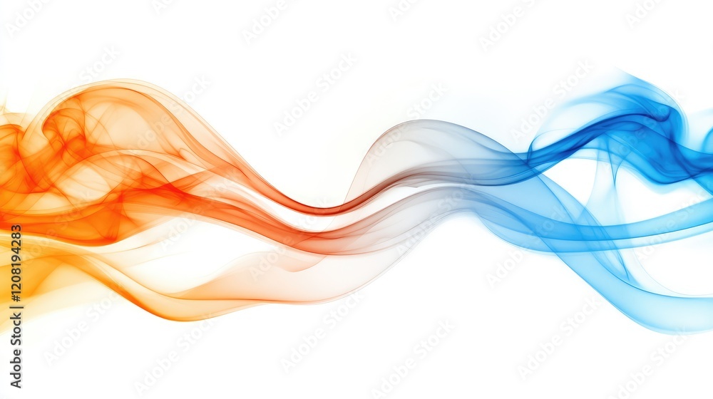 Poster vibrant orange and blue swirling smoke patterns on a pristine white background creating a dynamic ab