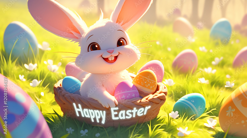 Poster a cartoon rabbit is standing in a field of easter eggs. the image is cheerful and playful, with the 