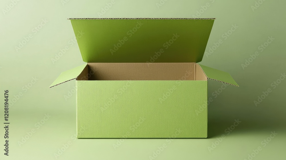 Poster open green cardboard box on solid background displaying interior and flap in a minimalist style for 