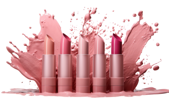 Colorful lipsticks arranged in a line with pink splashes creating an artistic backdrop isolated on transparent background