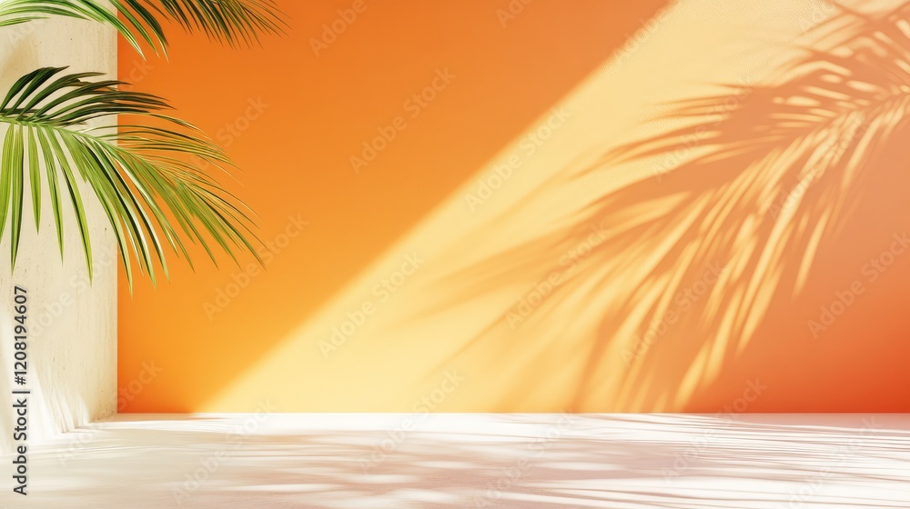 Poster peach coral and orange gradient background with textured concrete elements and palm shadows ideal fo