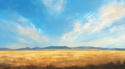 Obraz premium Vast open field landscape featuring a pastel blue sky with wispy clouds over dry golden terrain and distant mountains on the horizon