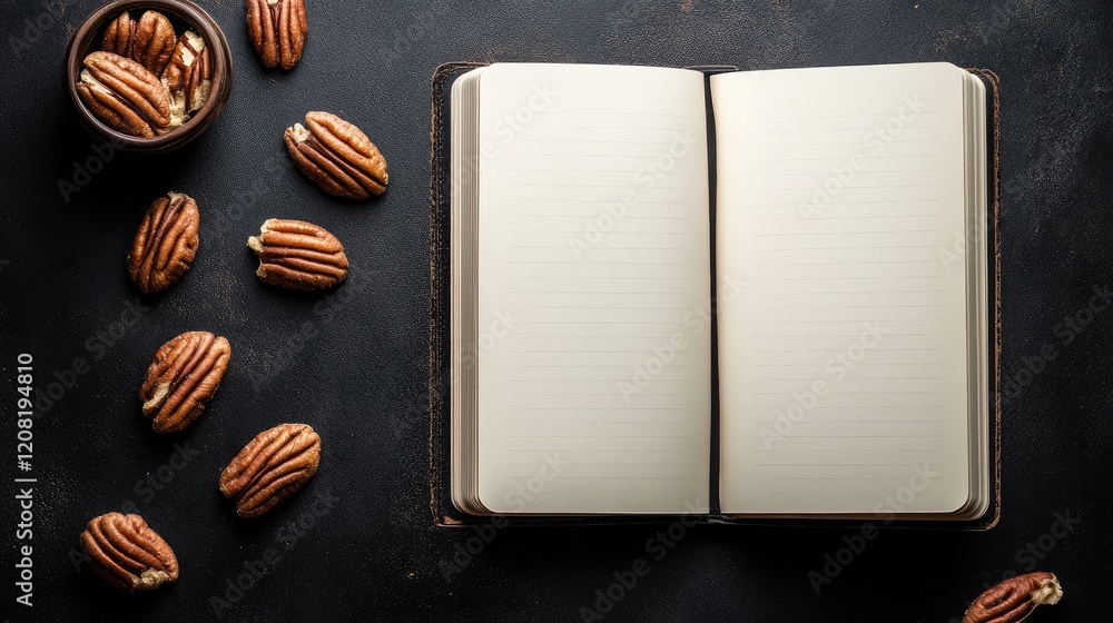 Poster open notebook surrounded by pecans on a sleek black surface with ample blank space for creative writ