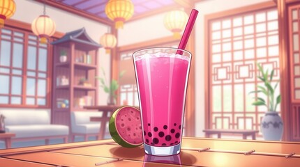 Manga Kawaii Cute Anime Style Boba Bubble Tea Pink Strawberry Cherry