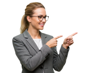 A professional woman with blonde hair glasses and a gray blazer pointing to the side with her index finger while smiling warmly isolated on transparent background