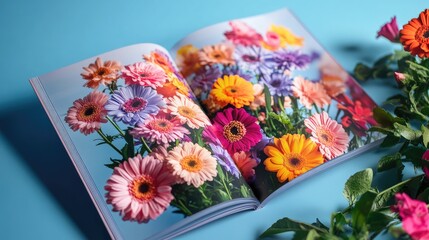 Brochure Mockup Displaying Vibrant Flower Arrangements on Blue Background