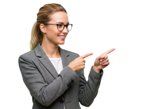 A professional woman with blonde hair glasses and a gray blazer pointing to the side with her index finger while smiling warmly isolated on transparent background