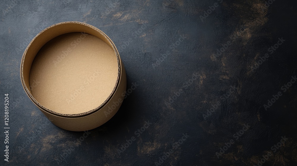 Poster open brown circular cardboard box on a dark textured background showcasing its empty interior and mi