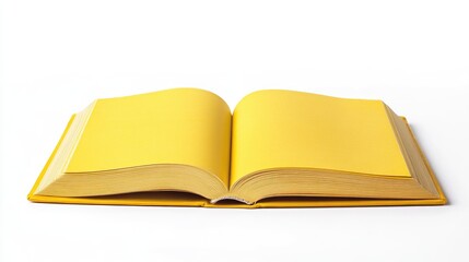 Open yellow pages book on white background showcasing blank pages for text or design, ideal for creative concepts and educational themes