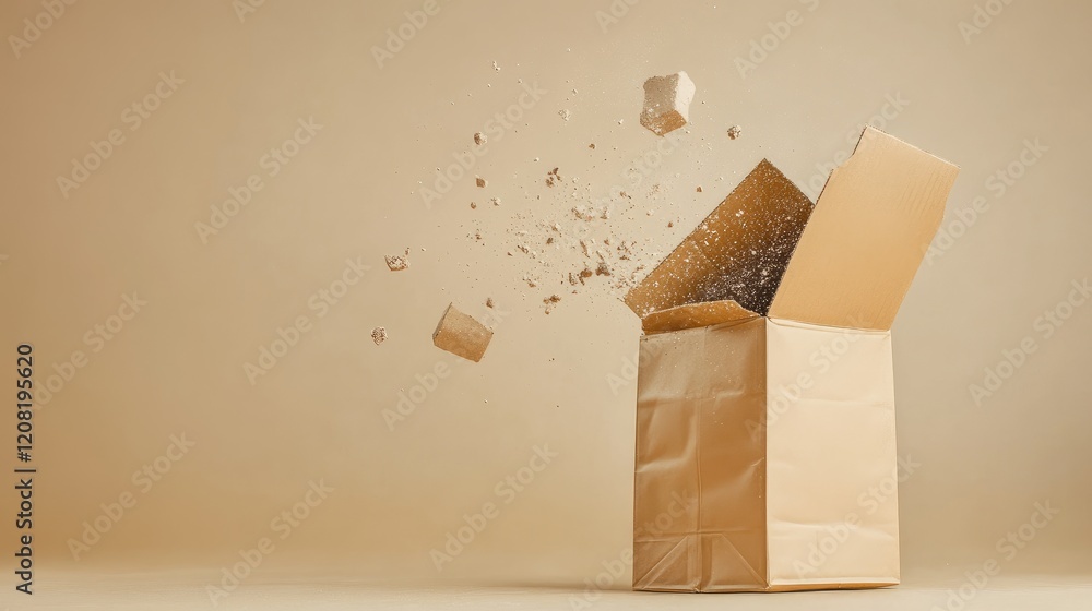 Poster dynamic shot of open cardboard box with cubic parcel and craft envelope in soft dusty environment