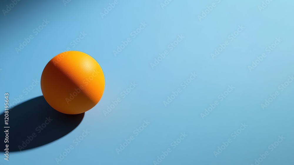Poster minimalistic design of an orange ball casting a shadow on a textured light blue background, emphasiz