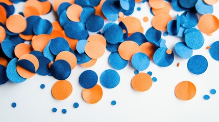 Colorful orange and blue confetti circles scattered artistically on a pristine white background creating a festive celebration theme inviting joy and excitement