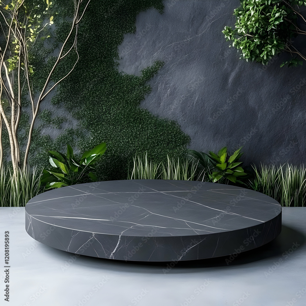 Poster dark marble round display platform 3d render