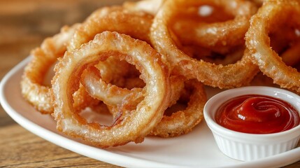 Crispy onion rings with ketchup on white plate