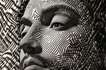 Abstract artistic portrait of Jesus Christ with intricate black and white line patterns symbolizing faith, spirituality, and divine presence