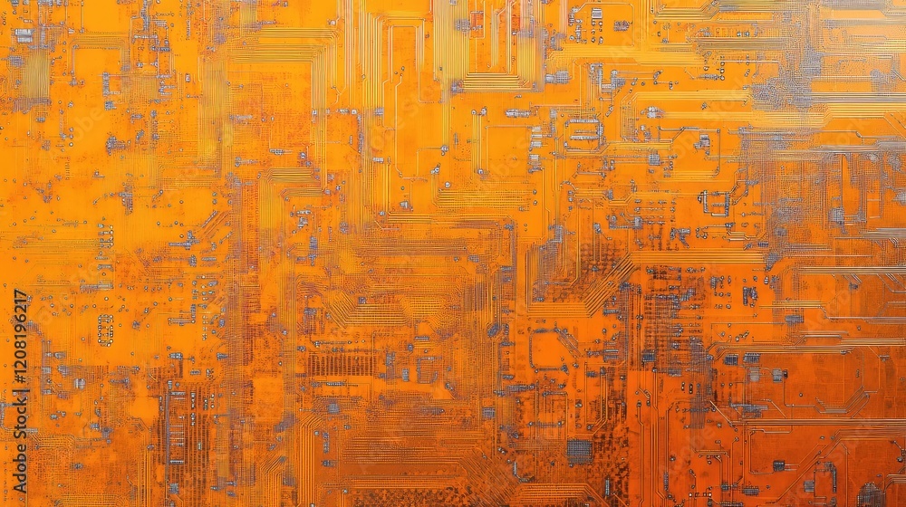 Aufkleber abstract orange circuit board background texture with intricate electronic patterns and subtle blue 