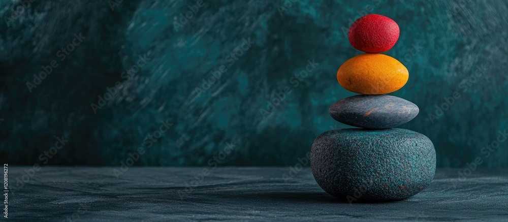 Poster zen stones stacked with vibrant colors on dark background symbolizing natural balance and serenity w