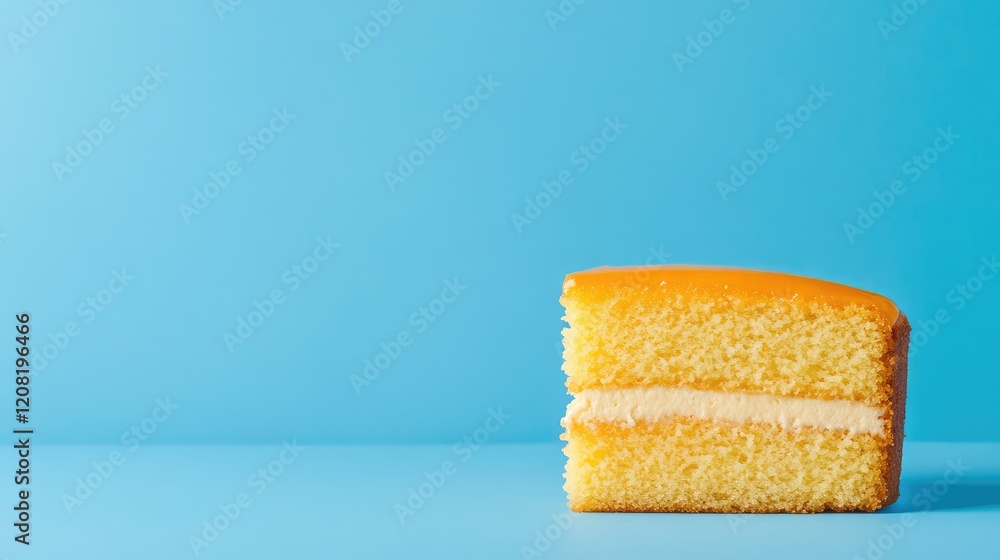 Aufkleber delicious orange cake slice on vibrant blue surface with generous space for customizable text elemen
