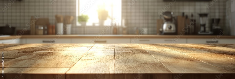 Leinwandbilder warm sunlight streaming through the window bathes an empty wooden table in a modern kitchen, creatin