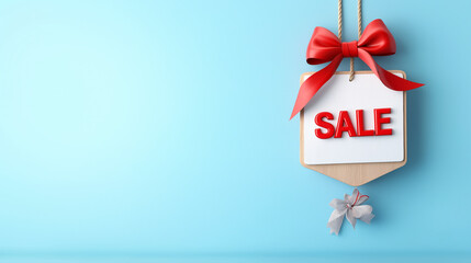 Bright red sale tag with a bow hanging against a light blue background promoting discounts at a store during a festive season