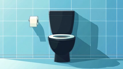 Modern black toilet, blue tiled bathroom, toilet paper