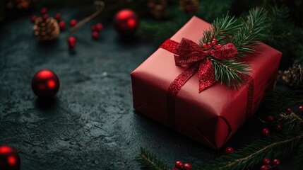 Festively wrapped New Year gift in red paper adorned with a decorative bow and greenery on a dark textured background