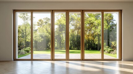 Glass Doors Opening to Serene Green Terrace with Natural Light and Warm Wooden Flooring