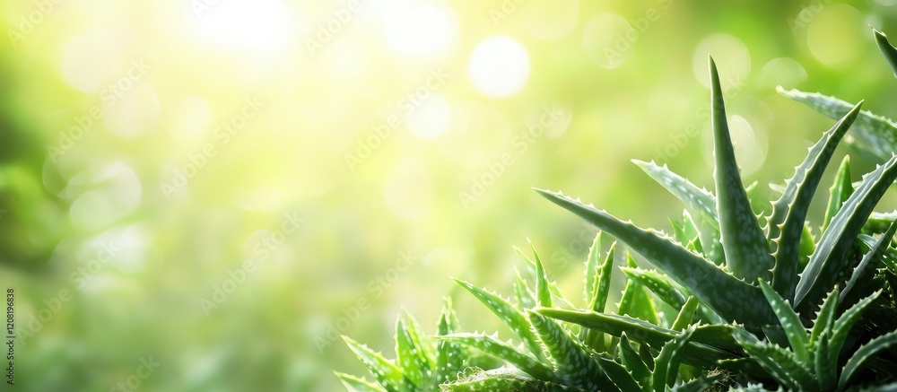 Poster lush aloe vera fields with soft bokeh background and ample space for text or graphic overlay in a se