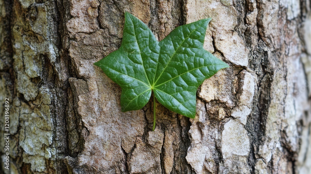 Poster new green leaf sprouting from textured tree trunk symbolizing nature resilience and growth in harmon