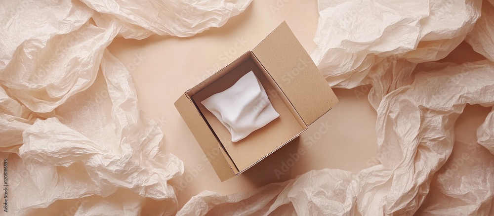 Poster artistic display of natural fabric in open cardboard box on soft pastel surface surrounded by crumpl