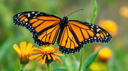 Obraz premium Monarch butterfly perched on vibrant yellow flower in a lush green field illuminated by warm sunset hues.