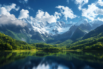 Majestic Mountain Range: Snow-Capped Peaks, Verdant Forests, and Serene Lake Reflections Under a Clear Blue Sky