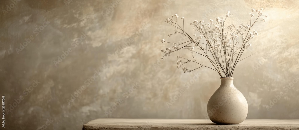 Aufkleber elegant still life composition featuring a simple vase and delicate branches against a soothing text