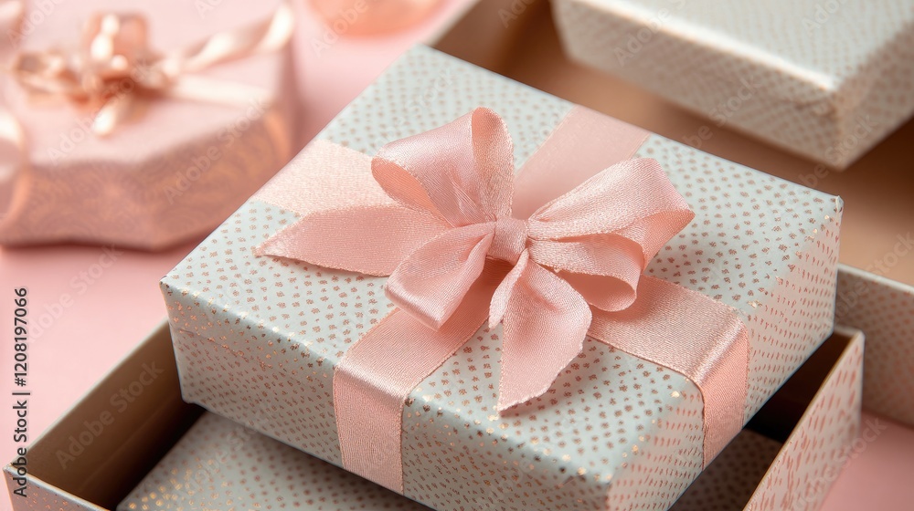 Aufkleber gift boxes adorned with delicate pink ribbons displayed elegantly on a soft pink background creating