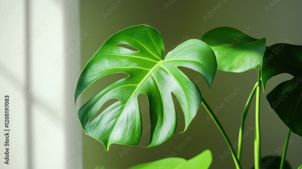 Poster new monstera leaf unfurling in soft light showcasing vibrant green hues and unique split patterns ag