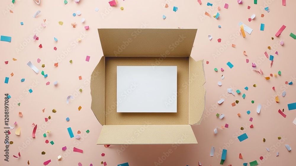 Poster open gift box setup with colorful confetti and an empty card for festive occasions or creative mocku
