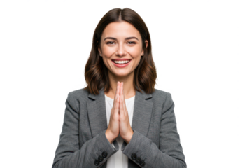 A cheerful woman with shoulder-length brown hair, wearing a gray blazer and a white blouse, clasping her hands isolated on transparent background