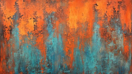Fototapeta premium Vibrant Abstract Orange and Teal Cement Wall Texture with Metallic Accents in Horizontal Composition Ideal for Contemporary Interior Design