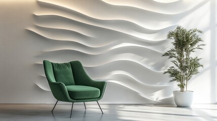 Contemporary living room featuring a green chair against a wavy white wall with decorative accents and a potted plant for a modern aesthetic.