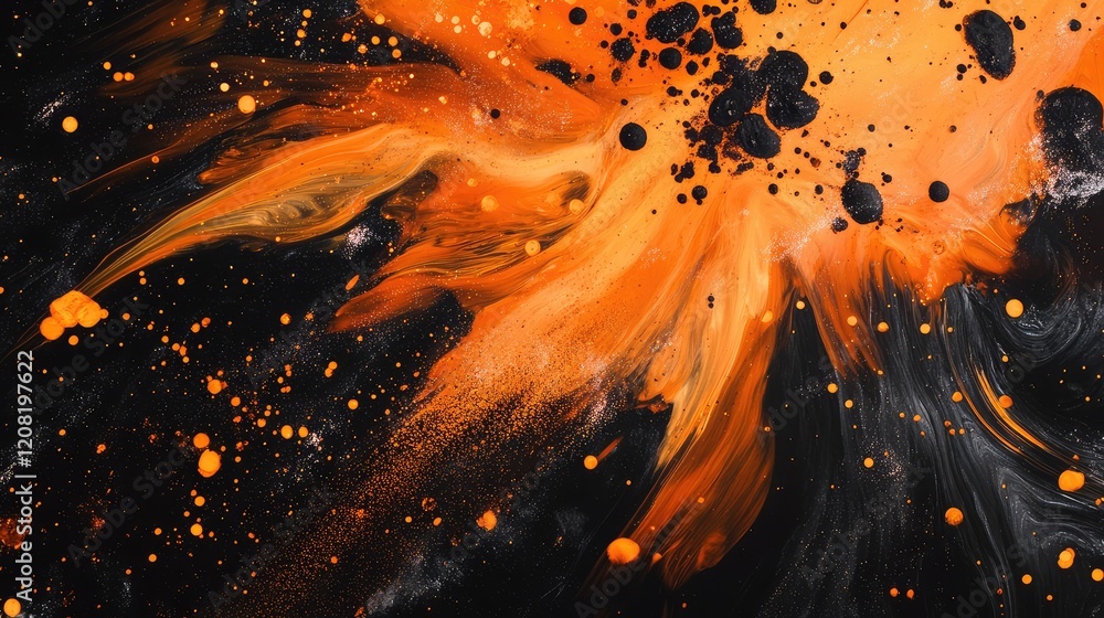 Poster vibrant orange and black abstract flames with dynamic sparks on dark background for artistic and des