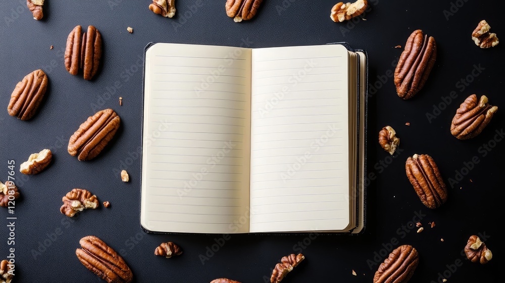 Aufkleber open notebook on black background surrounded by pecans creating an inviting workspace for writing or