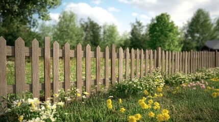 New wooden garden fence with wildflowers and lush greenery under a bright sky creating a serene outdoor atmosphere