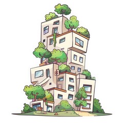 A tall building with a lot of windows and trees on the roof