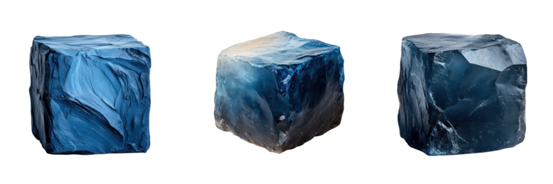 Three blue ice cubes with varied textures and shades, showcasing their crystalline structure and unique shapes.