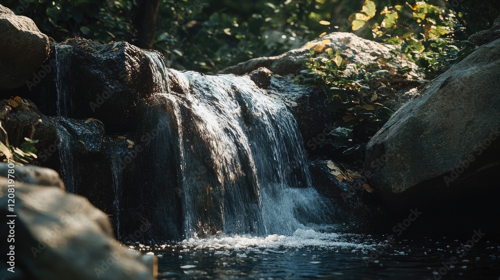 Poster serene waterfall cascading over rocks in a lush dendropark setting surrounded by vibrant greenery an