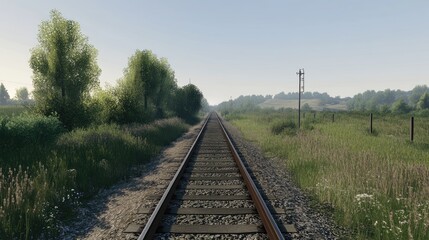 Fototapeta premium Scenic view of railway tracks lined with trees and greenery under a clear sky in a tranquil rural landscape