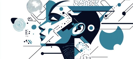 an AI head with geometric shapes and lines, on a white background, in shades of blue and grey Generative AI