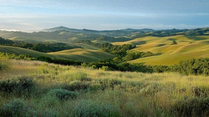 Fototapeta premium Serene Landscape of Rolling Green Hills under Blue Sky on a Bright Sunny Day